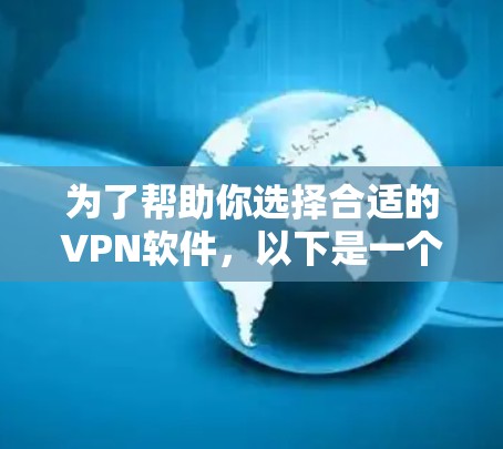 为了帮助你选择合适的VPN软件，以下是一个分步的推荐过程和最终的推荐列表